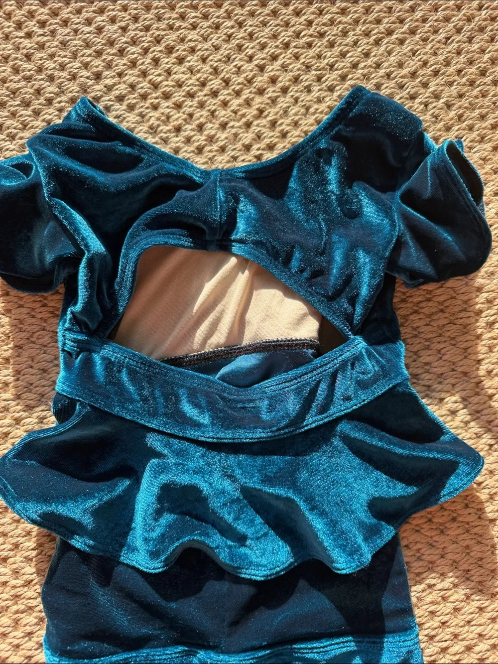 Kandi Kouture Girls Teal Velvet Ruffle Dance Leotard Costume size child small